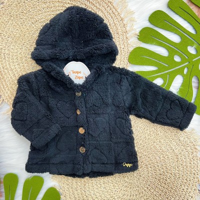 Casaco Avulso de Pelinho Corações com Capuz e Botões - Preto